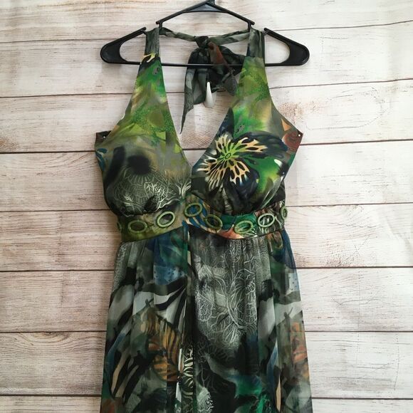 MIDNIGHT VELVET 100% SILK MAXI DRESS IN TROPICAL PRINT - Picture 3 of 12